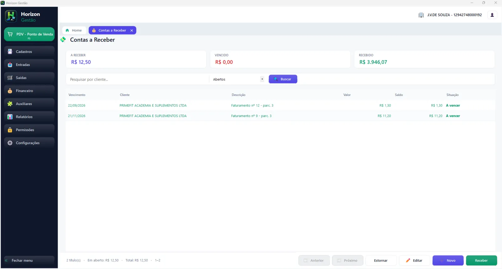 Tela de Contas a Receber do Horizon Gestão: cartões com o total a receber, o vencido e o já recebido, busca por cliente e lista de títulos com vencimento, cliente, descrição, valor, saldo e situação
